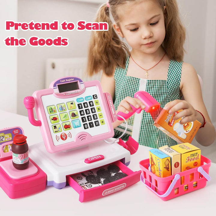 Play Calculator Cash Register Toy Gift for Kids Girls Age 3, 4, 5, 6, 7, 8+ Year Old, 57 Pcs Pink Pretend Grocery Store Playset, Incl Microphone, Credit Card, Scanner, Fake Food, Play Money for Kids