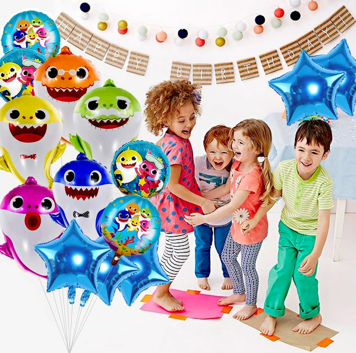 Shark Birthday Party Decorations for Boys and Girls, 26” Cartoon Helium Balloons XL for Baby Birthday Party with 9 Pcs 18” round and Star Ocean Theme Balloons, Shark Party Decorations (14 Pcs)