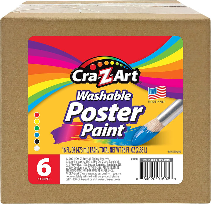 Washable Poster Paint Bulk, Assorted Colors 16Oz Each Bottle, 6 Count