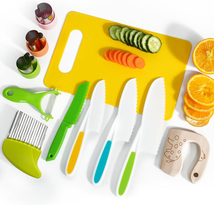 Kids Knife Set, 5 Pcs Montessori Kitchen Tools for Toddlers' Real Cooking, BPA Free Kids Safe Kitchen Cooking and Baking Set with Peeler, Cutting Board for Sandwich Bread Vegetable Fruit Present Gift