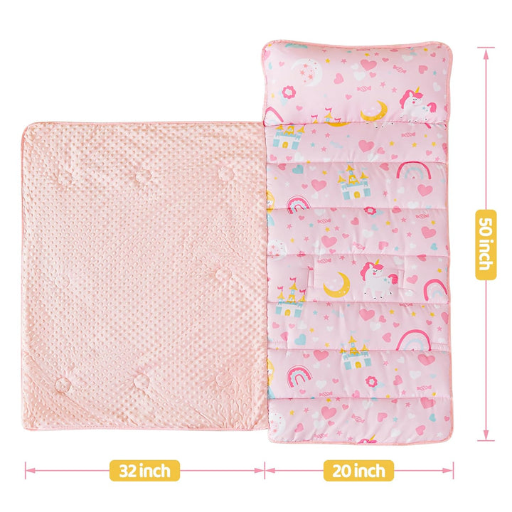 Toddler Kid Nap Mat for Preschool, Girls Pink Princess Slumber Bag, Daycare Sleeping Bag with Pillow and Blanket, Kindergarten Sleep Mat