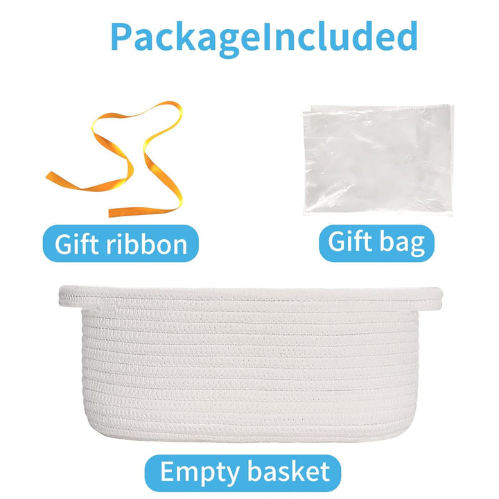 Small Basket with Gift Bags and Ribbons, Empty Gift Baskets, Decorative Boho Rope Woven Nursery Storage Organizer Toy Baskets with Handle for Baby Showers, 12"X 8" X 5"
