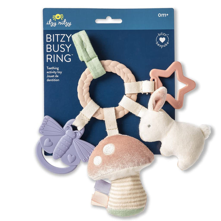 Teething Activity Toy - Bitzy Busy Ring Features Braided Teething Ring and Dangling Toys; Includes Teether, Textured Ribbons, Crinkle Sound & Jingle Bell, Bunny RNG8497