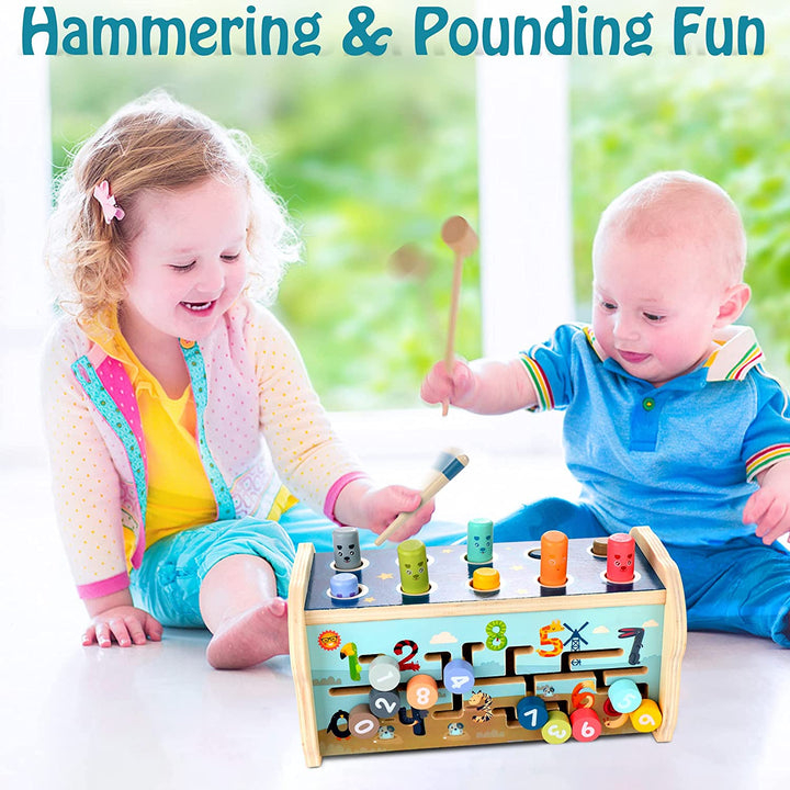 Montessori Pounding Toy for 1 2 Year Olds Wooden Hammering & Activity Board with Xylophone, Number Maze, Pounding Bench Educational Toddler Gift Toys Age 1-3