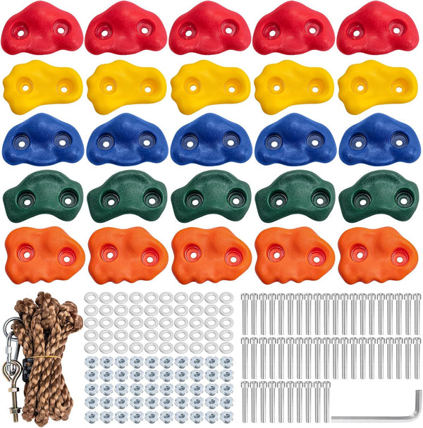 Rock Climbing Holds, Rock Climbing Wall for Kids Rock Wall Climbing Kit for Indoor Outdoor Playground Play Set with Mounting Screws, Knotted Rope and 25 Handles