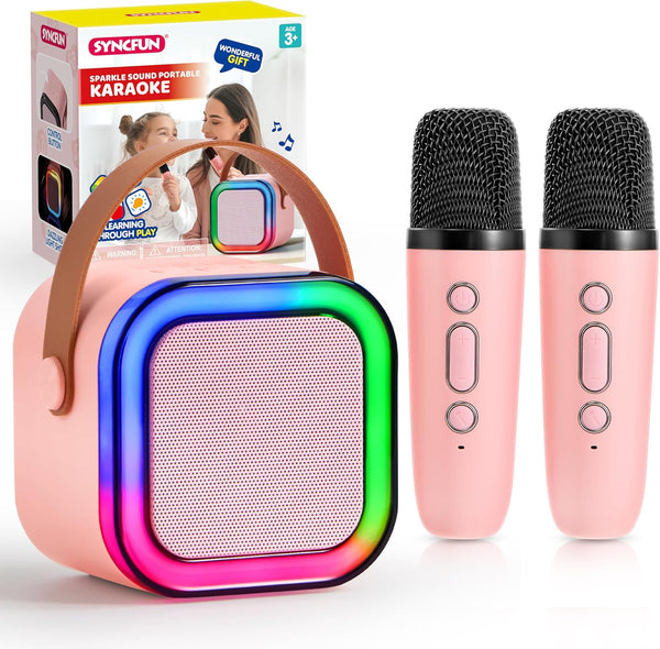 Karaoke Machine, Mini Karaoke Machine with 2 Wireless Microphones for Kids and Adults, Bluetooth Speaker Toys, Birthday Girls Gift for Ages 3,4, 5, 6,7, 8,9,10,11,12+ Years Old(Pink)