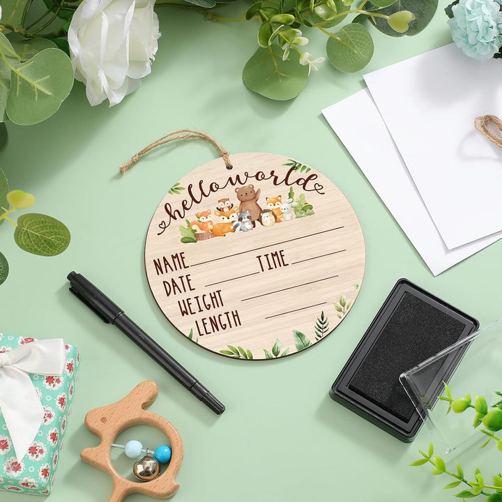 Baby Announcement Wooden Name Sign for Hospital Birth Double Sided Newborn Welcome Sign with Marker Pen and Ink Pad for Baby Shower Hand Footprints(Jungle)