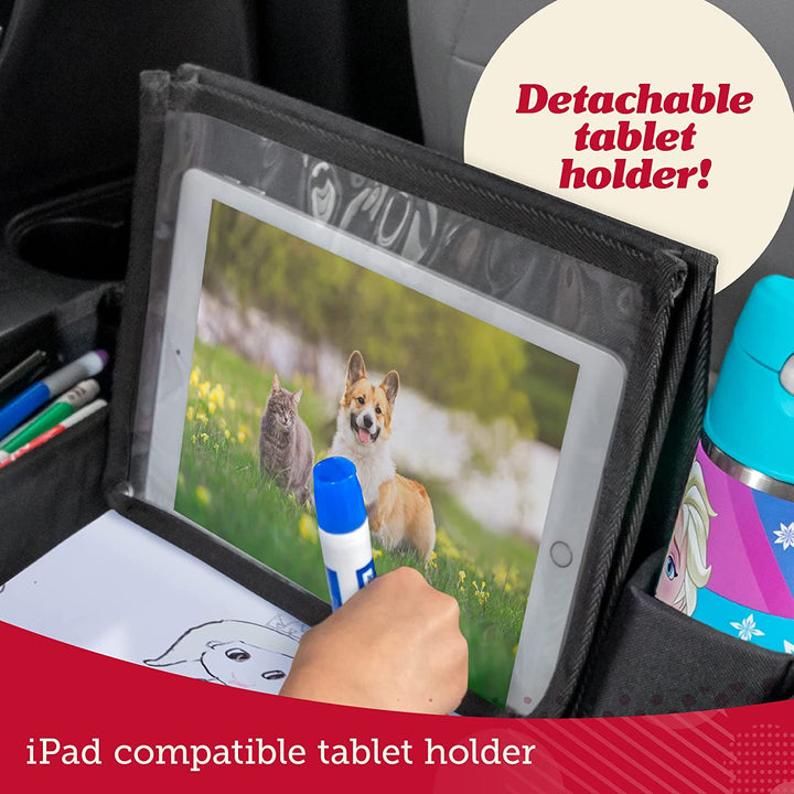 Car Seat Tray for Kids Travel - Black 600D Oxford Lap Desk Organizer with Dry-Erase Surface, Tablet Stand, Snack Holder & Cup Holder - Travel Tray for Kids Car Seat