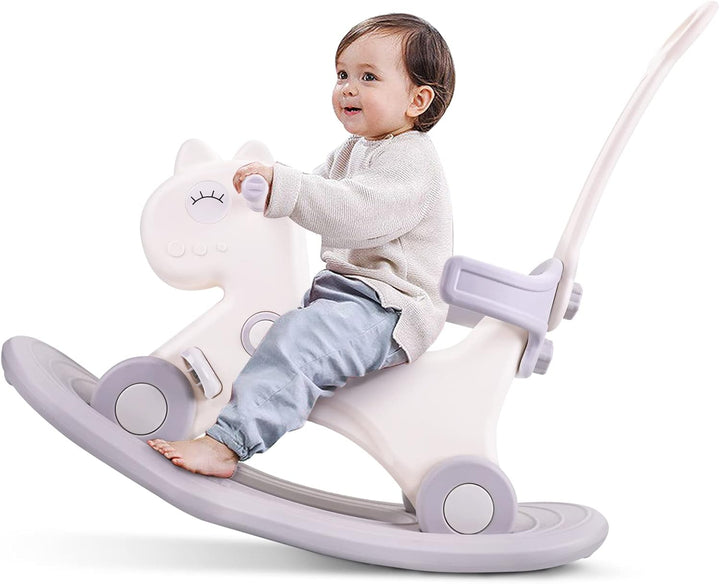 4 in 1 Rocking Horse for Toddlers 1-3 Years Old, Baby Rocking Toy Fun Birthday Gift for 1+ Boys, Ride on Toy with Detachable Balance Board and Footrest，Balance Bike with Push Handle，Blue