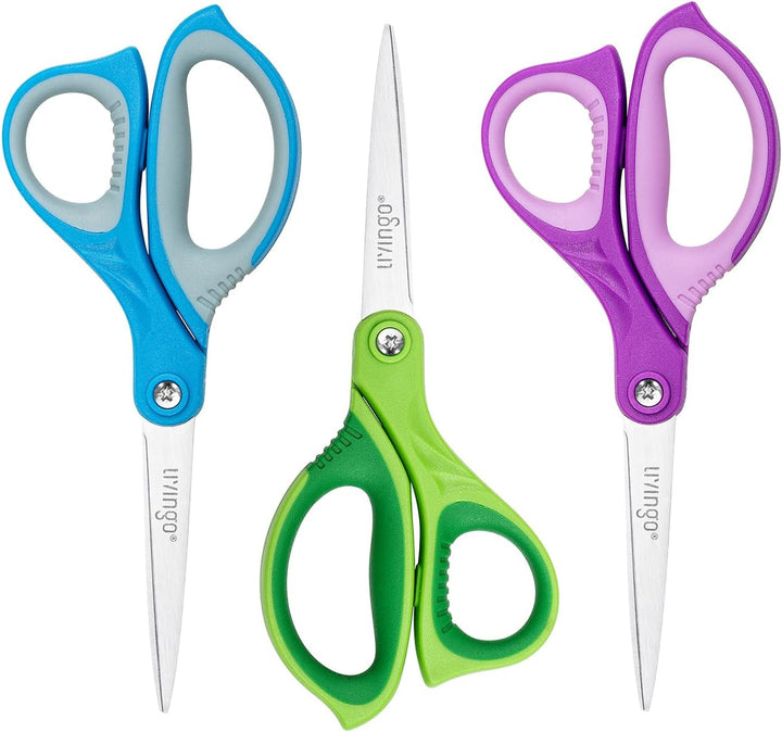 Student Scissors for School: 7 Inch 3 Pack Sharp Pointed Tip Teacher Scissors for Kids Middle High School College Classroom Craft, Comfortable Grip, Right Left Handed, Blue, Green, Yellow