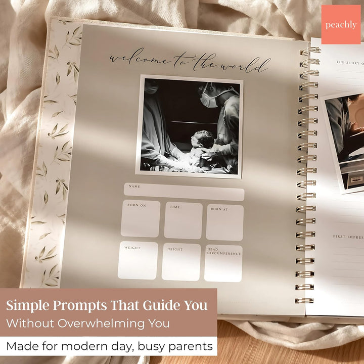 Unisex Baby Memory Book | Minimalist Baby First Year Keepsake for Milestones | Baby Books First Year Memory Book | Simple Baby Scrapbook for Boy Girl Milestones | Natural Linen - Olive