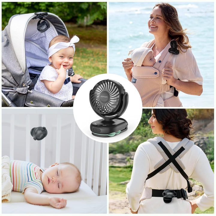 Portable Fan with Clip | 4-Speed Mini-Fan for Carrier | Personal Fans Ultra Lighter 0.26Lb | Gaps ≤4.5Mm | Handheld Cooling | Rechargeable Rotate for Diaper Backpack/Stroller/Carrier/Chair