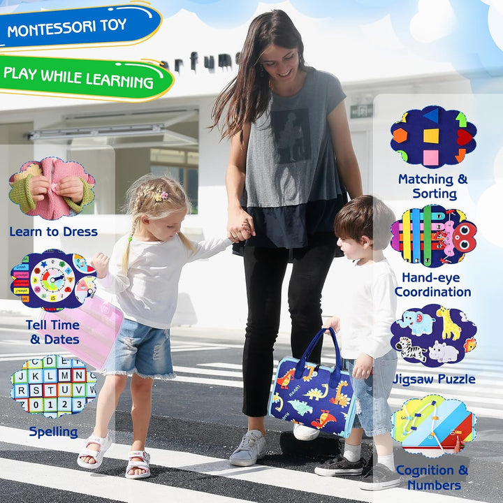 Toddler Busy Board Montessori Toys for Boys, Sensory Board Educational Activities for Learning Fine Motor Skills, Birthday Gifts for Boys Toddlers, Travel Toys for Airplane Car, Blue Dinosaur