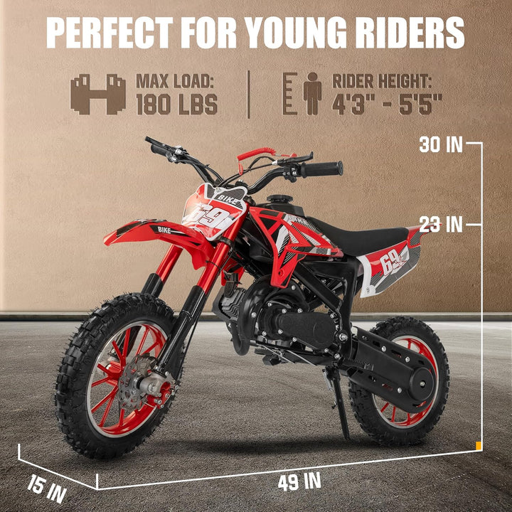 49CC 2-Stroke Engine Kids Dirt Bike Gas Powered, Dual Suspension Off-Road Motorcycle for Kids Ages 13+, Front & Rear Disc Brakes, 28 MPH Max Speed, Supports up to 220LBS, with Armor