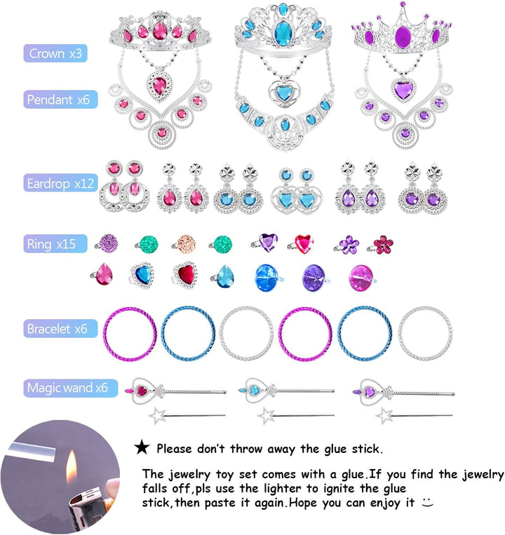 Princess Pretend Jewelry Toy 48 Pcs Jewelry Dress up Play Set for Girls Included Tiaras Necklaces Wands Rings Earrings and Bracelets, Kids Play Jewelry Set for Girls