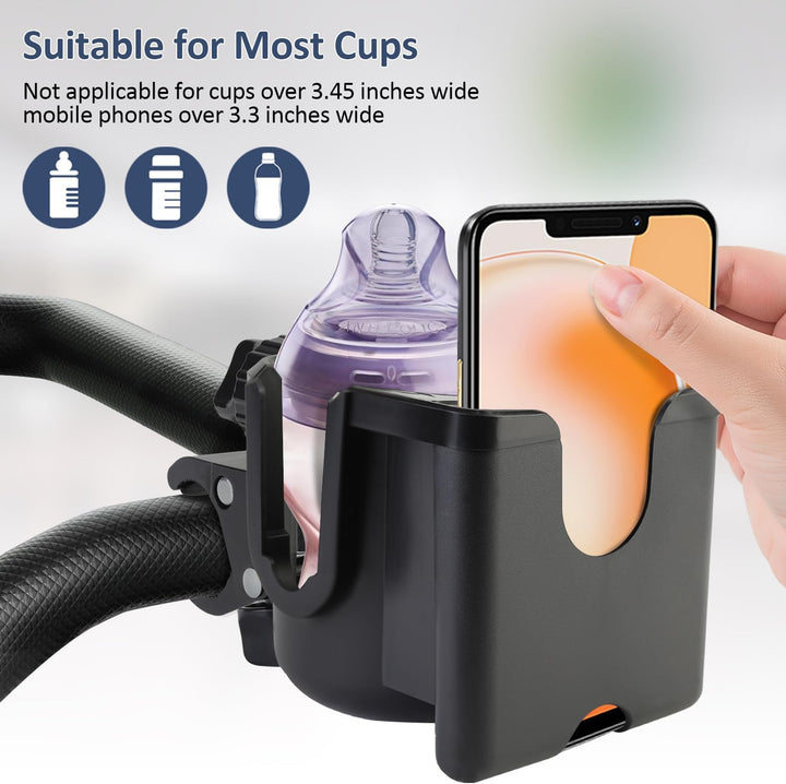 Universal Stroller Cup Holder with Phone Holder, 360°Rotatable Bottle Holder with Strong Clip, Accessories for Stroller, Bike, Wheelchair, Walker, Scooter