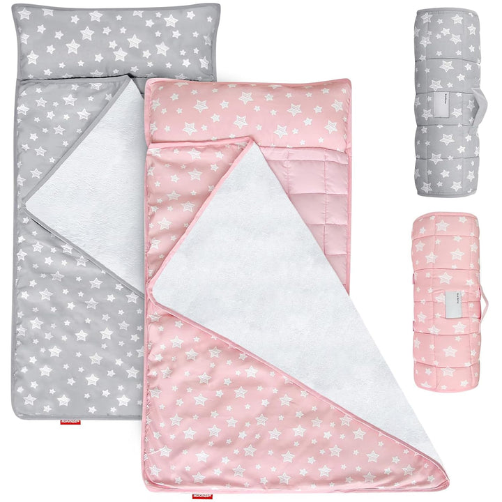 Toddler Nap Mat with Fleece Minky Blanket, Lightweight, Soft Perfect for Kids Preschool, Daycare, Travel Sleeping Bag Boys and Girls, 21" X 50" Fit Standard Cot