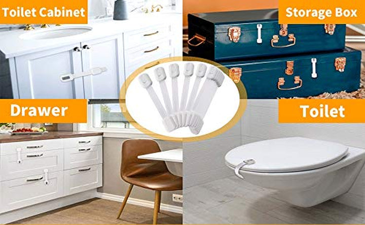 6 Pack  Multi-Use Adhesive Straps Locks - Childproofing Baby Proofing Cabinet Latches for Drawers, Fridge, Dishwasher, Toilet Seat, Cupboard, Oven,Trash Can, No Drilling (White) (6)