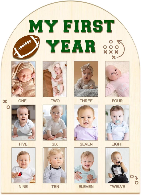 My First Year Photo Board - Baby'S First Year Photo Frame 12 Months Milestone Board Football Photo Display Wood Board 1St Birthday Picture Frame Decorations (Fits 2" X 3" Photo) ﻿