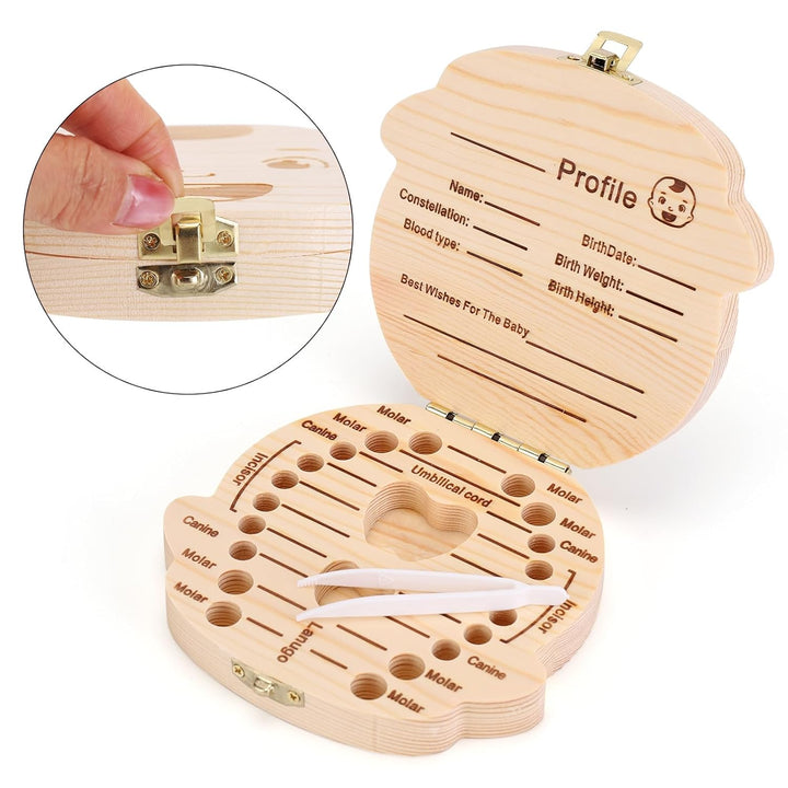 Baby Tooth Box Wooden Kids Keepsake Organizer Gift for Baby Teeth, Cute Children Tooth Container with Tweezers to Keep the Childwood Memory (Boy)