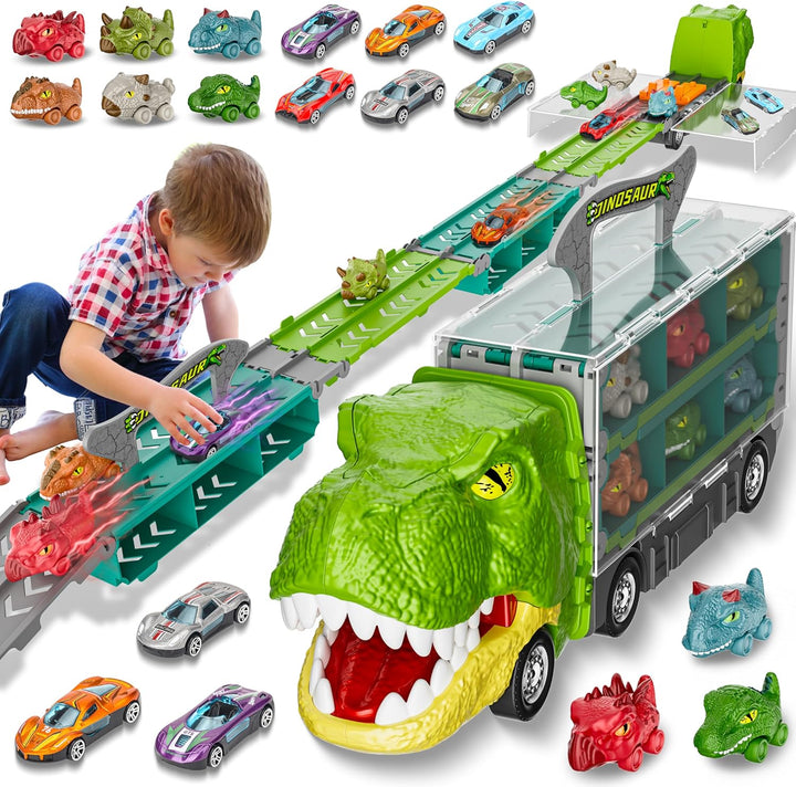 13 in 1 Dinosaur Toys Car for Kids, Dinosaur Transport Truck Track Set, Toddler Boy Toys Age 2-4 1-3, Birthday Gifts Toy for 3 4 5 6+ Year Old Boy,Foldable Track & Race Mode W/ 6 Dino Car & 6 Race Car