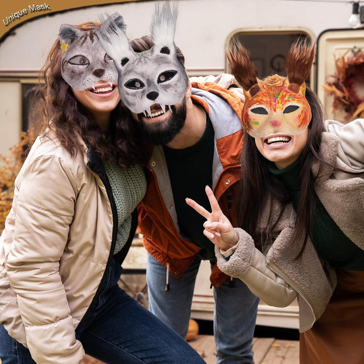 Cat Fox Therian Masks 42PCS with Felt Furs Eye Meshes and Stars, Costume Furry Masks to Paint, Animal Mask Arts Crafts Kit, Dress up DIY for Halloween Christmas Cosplay Party Interaction