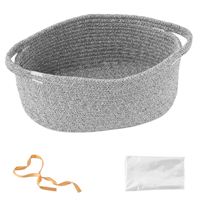 Gift Basket with Wrap Bag & Ribbon – Empty Small Woven Basket (12"X8"X5"), Cute Decorative Storage Organizer for Baby Showers, Pets, Toys, Shelves and More – White