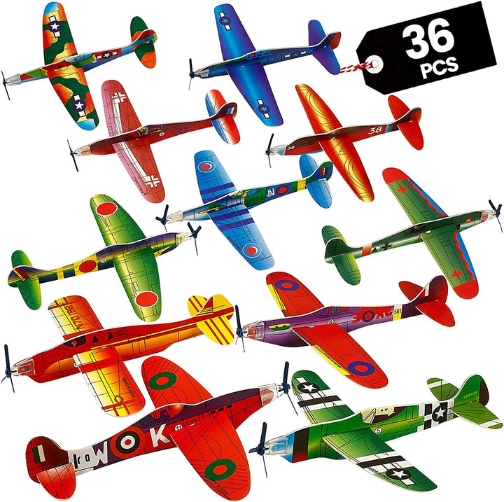Glider Planes Bulk (36-Pack) 8-Inch Bomber Airplane Gliders for Kids, Foam Paper Airplane Construction Kits for Kids Party Favors, Birthdays, Goodie Bag Stuffers and Outdoor Flying Toy