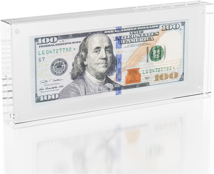 Dollar Bill Frame Display – 7.8" X 3.9" Acrylic Dollar Bill Holder, Thick Magnetic Self-Standing Display Case for Currency, Tickets, Banknotes, and Stamps