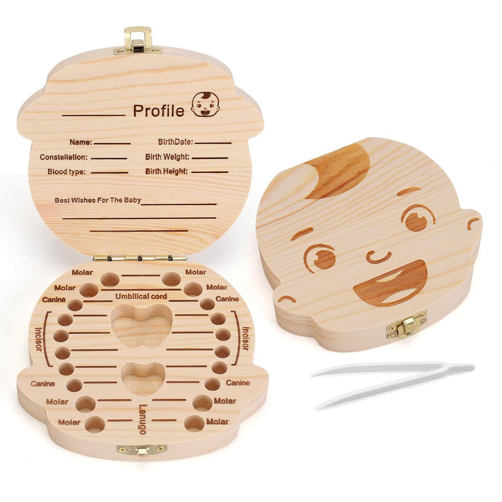 Baby Tooth Box Wooden Kids Keepsake Organizer Gift for Baby Teeth, Cute Children Tooth Container with Tweezers to Keep the Childwood Memory (Boy)