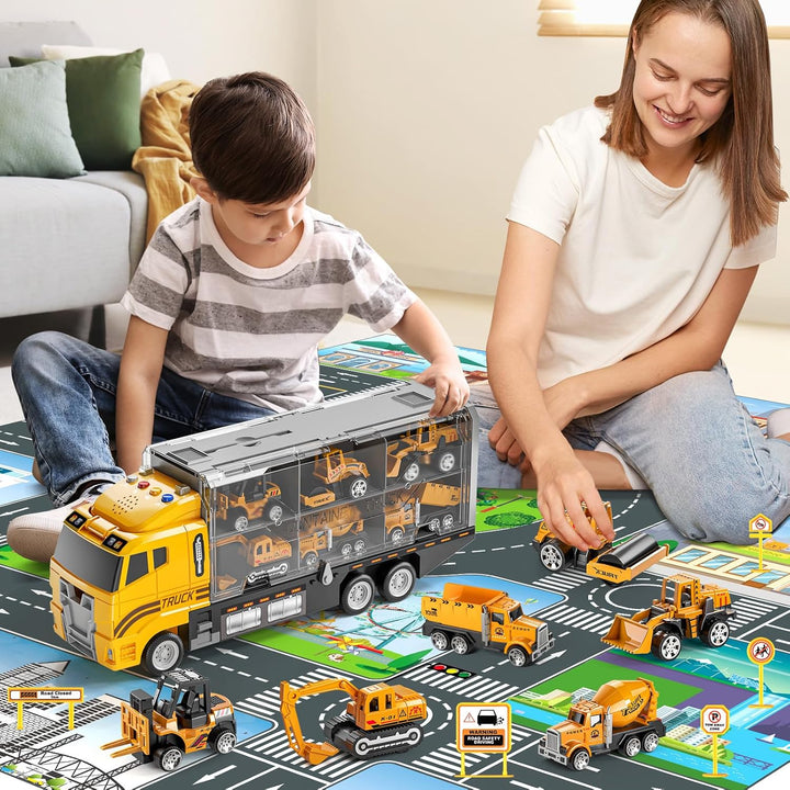 Toddler Boys Construction Truck Vehicle Toy Set with Play Mat, Die-Cast Toy Car Carrier Truck for Kids, Birthday Gifts Toys for 3-8 Year Old Boys