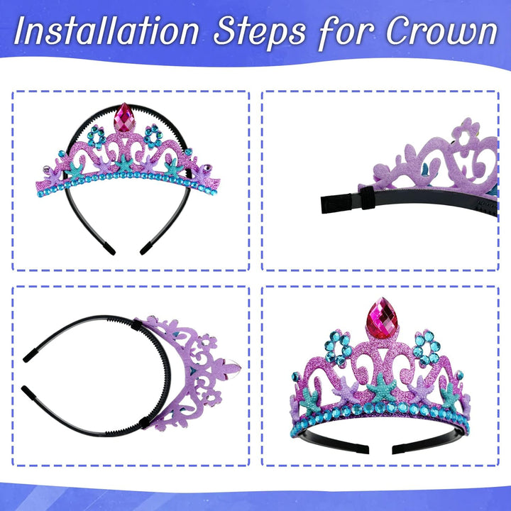 6Pcs Girls Princess Necklace Bracelets Ear Clips Set Mermaid Crown Pendant Colorful Plastic Princess Party Dress up Pretend Play Christmas Gift