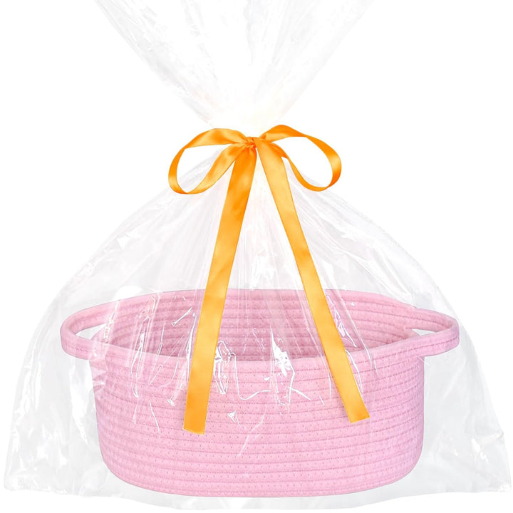 Small Basket with Gift Bags and Ribbons, Empty Gift Baskets, Decorative Boho Rope Woven Nursery Storage Organizer Toy Baskets with Handle for Baby Showers, 12"X 8" X 5"