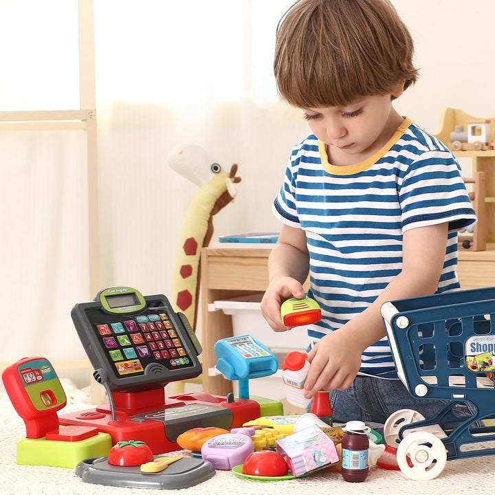 Kids Cash Register Toy Pretend Play with Real Calculator Sound Scanner/Shopping Cart/Food/Play Money, Learning Counter Grocery Store Playset Toys Gift for Kid Boy Girl Age 3 4 5 6 7 8 Years Old