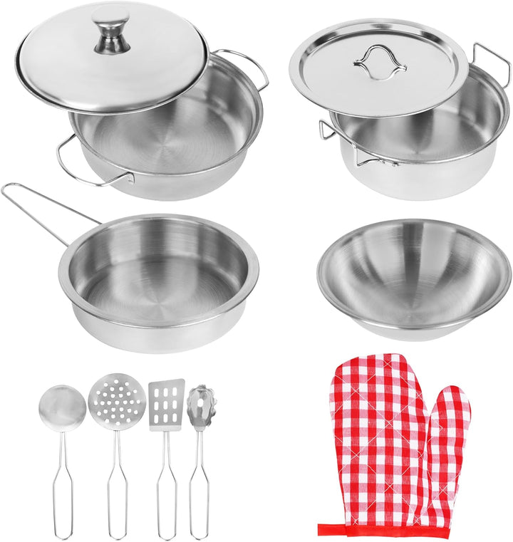 Stainless Steel Pots and Pans - Toy Cookware 9 Piece Playset for Kids Pretend Play House - Great Birthday Gift for Girls