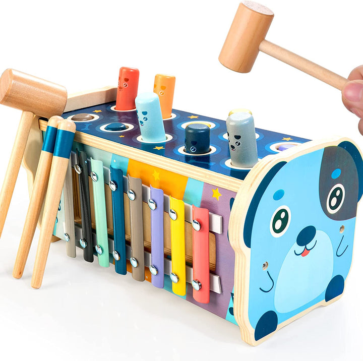 Montessori Pounding Toy for 1 2 Year Olds Wooden Hammering & Activity Board with Xylophone, Number Maze, Pounding Bench Educational Toddler Gift Toys Age 1-3