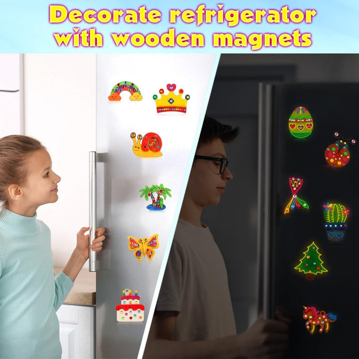 30Pcs DIY Wooden Magnets, Glow in the Dark Wooden Art Craft Supplies Painting Kit for Kids Activities Party Favors for Boys Girls Ages 4-8 8-12 Birthday Gifts Toys Pinata Goodie Bags Stuffers