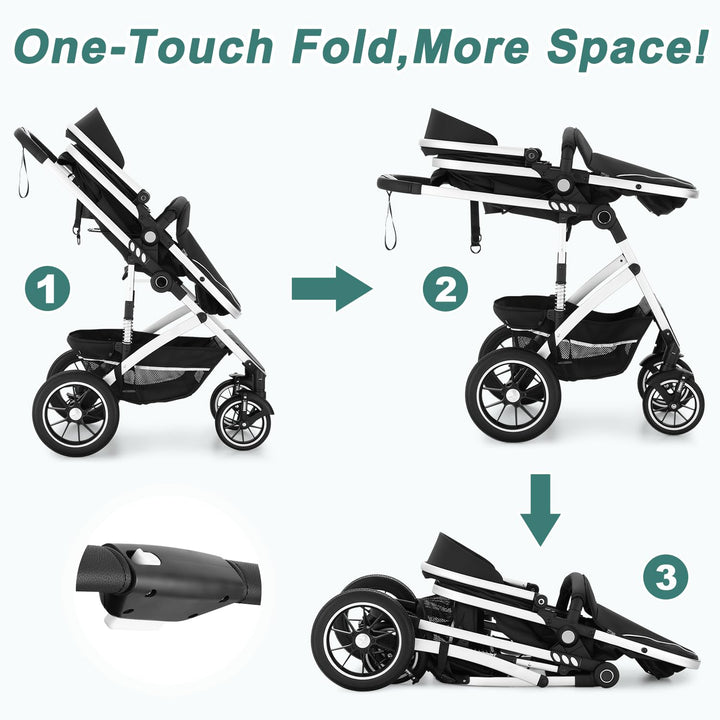 Baby Stroller with Bassinet, Convertible Infant Stroller with Adjustable Backrest & Canopy for Baby, Foldable Newborn Pushchair with Reversible Seat and Cover for 0-36 Months (Dark Black)