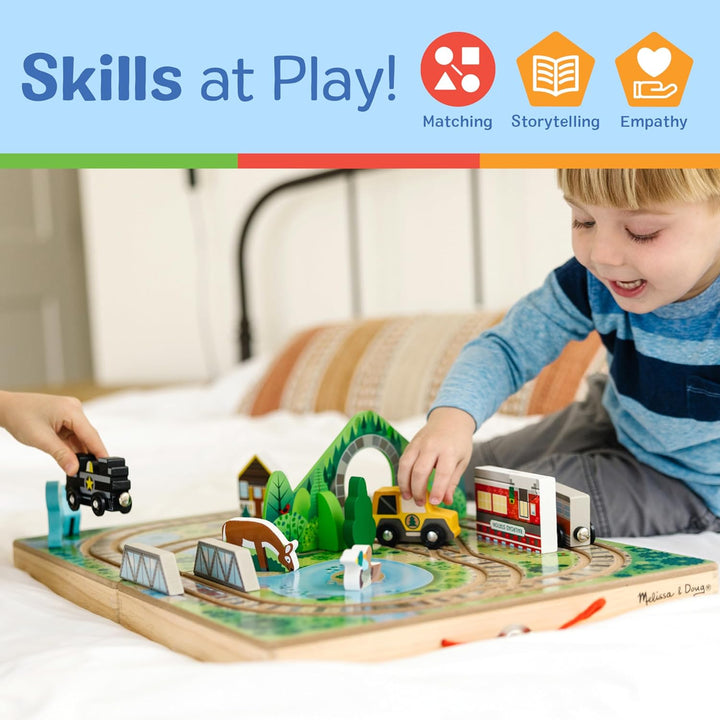 17-Piece Wooden Take-Along Tabletop Railroad, 3 Trains, Truck, Play Pieces, Bridge - FSC Certified