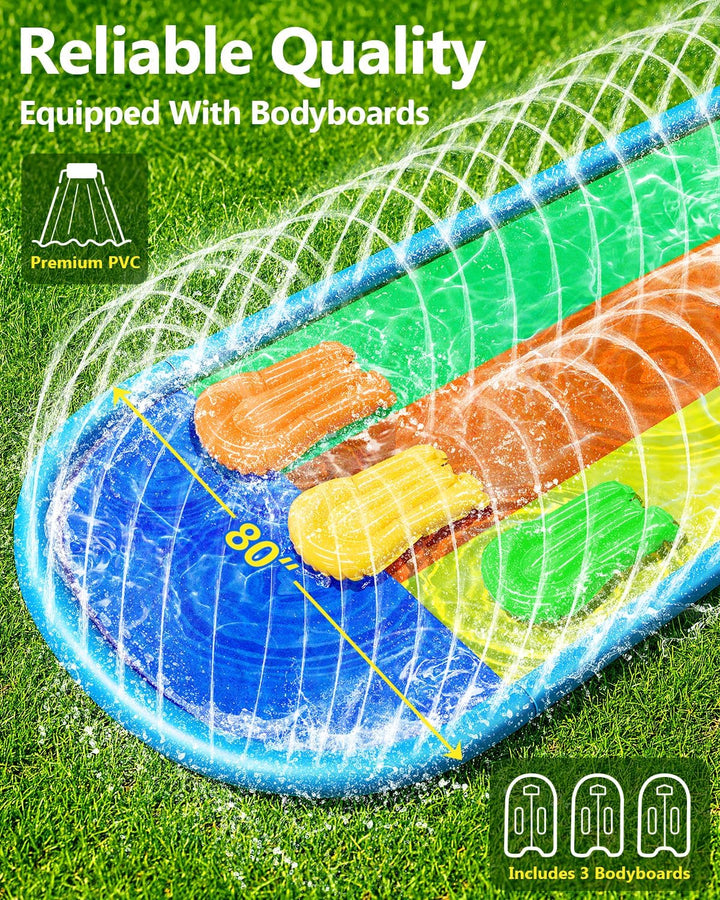 Lawn Water Slides 16Ft X 80In Triple Slide with Built-In Sprinkler and 3 Bodyboards for Kids Adults Backyard, Slip and Slide in Outdoor Water Toys during Summer Holiday