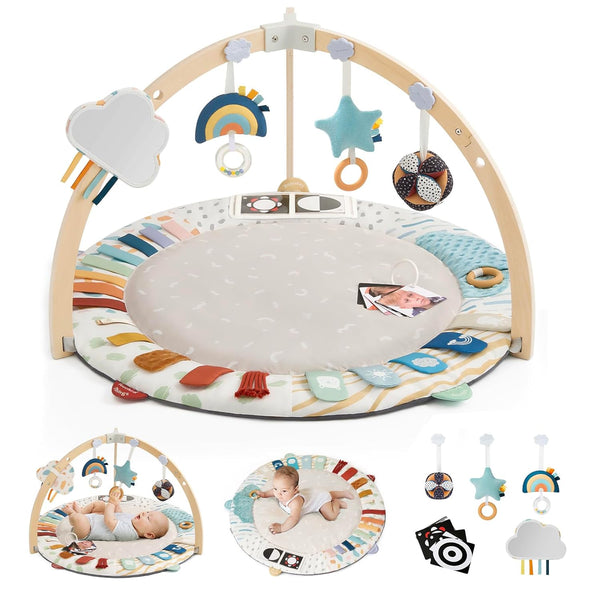 Baby Play Gym & Activity Mat, 5 Developmental Zones Wooden Tummy Time Mat with 5 Detachable Sensory Toys for Motor Skills & Sensory Development, Baby Essentials Shower Gift