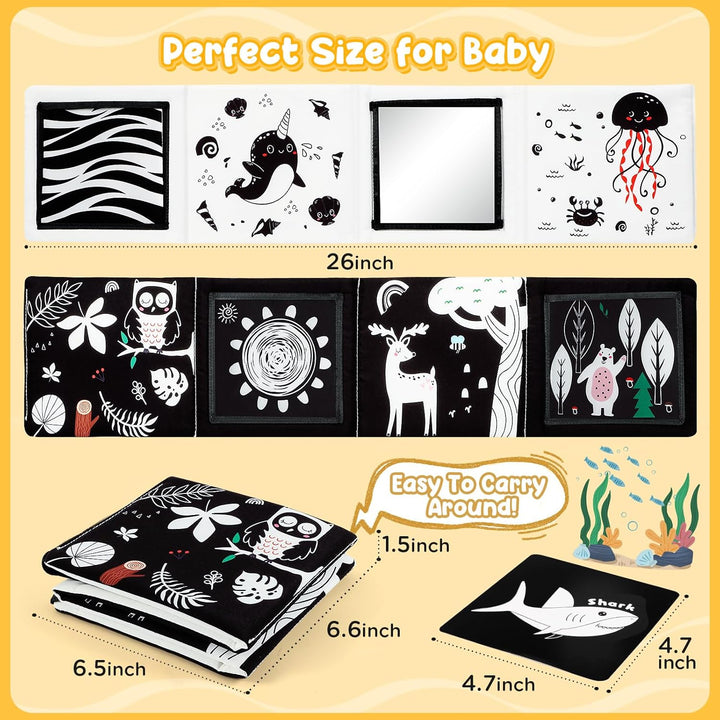 Tummy Time Mirror Toys, High Contrast Black and White Baby Toys for Newborn, Baby Boy Girl Gifts, Visual Stimulation Learning Activity Cards, Soft Baby Book, Montessori Infant Toys 0-12 Months
