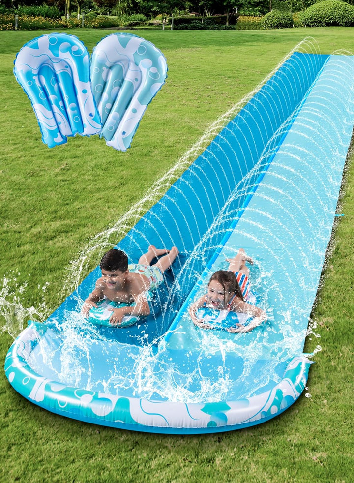 22.5Ft Water Slides and 2 Bodyboards, Lawn Water Slide Summer Slip Waterslides Water Toy with Build in Sprinkler for Backyard Outdoor Water Fun for Kids