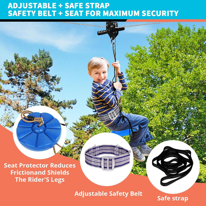 Zip Line Kit for Kids Adults : up to 450Lbs 200FT Quick Setup Zipline for Backyard Outdoor with 100% Rust Proof Removable Trolley Swing Seat Safety Harness Spring Brake