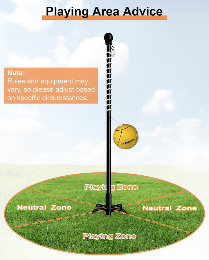 Tetherball Set with Ball & Rope for Outdoor Backyard, Adjustable Tether Ball Pole with Reinforced 5-Prong Base for Playground, outside Ball Games Sports for Kids & Adults, Black