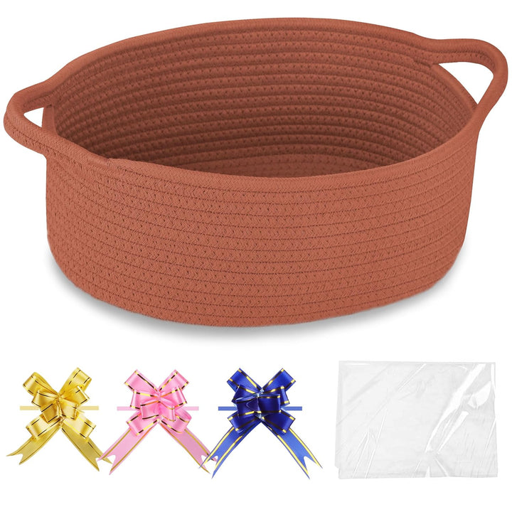 Small Woven Basket with Gift Bags and Ribbons, Gift Basket Empty, Cotton Rope Storage Organizer, Baby Toy Box with Handles, 12" X 8" X 5", Light Pink