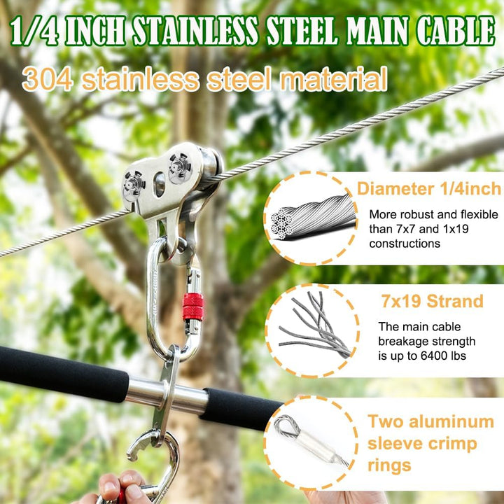 Zip Lines for Kids and Adults Outdoor up to 500 Lbs, 304 Stainless Steel 80FT Zipline Kits for Backyard with Thickened 1/4" Wire Rope, Removable Pulley, Outdoor Playground Equipment