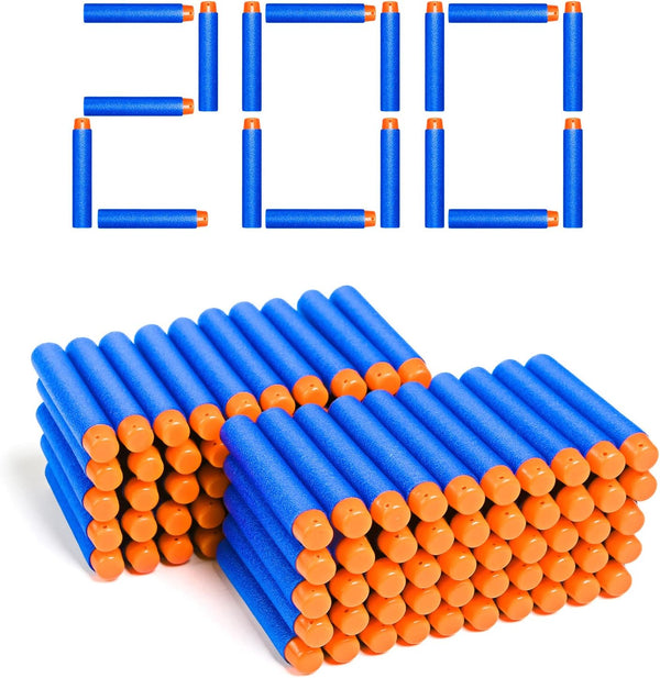 200 Nerf Compatible Dart Bullets, Blue & Orange, Cylindrical, Round, Close Quarters Battles (CQB), Airsoft, Plastic, EVA Foam, 5.31 Inches X 2 Inches