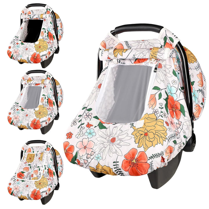 Floral Baby Carseat Cover Girls,  Infant Car Seat Covers Canopy for Newborn with 2 Layers Windows of Breathable Mesh/Fabric, Lightweight Polyester/Minky Dot Backing, Snug Fit Most Baby Car Seat