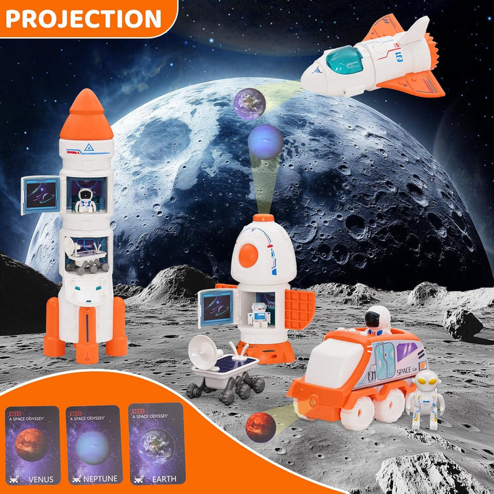 Spaceship Toy Set for Kids, Space Astronaut Play with Lights & Sound and Spray Effect, Interactive Toys, Rocketship Solar System Playset with Rocket Shuttle, Space Station, Space Rover (Orange)